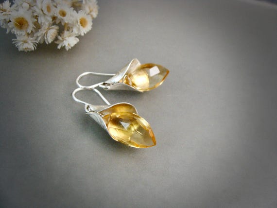 Citrine Sterling Silver Dangle Earrings – November Birthstone, Handmade Artisan Jewelry "Lily bells"