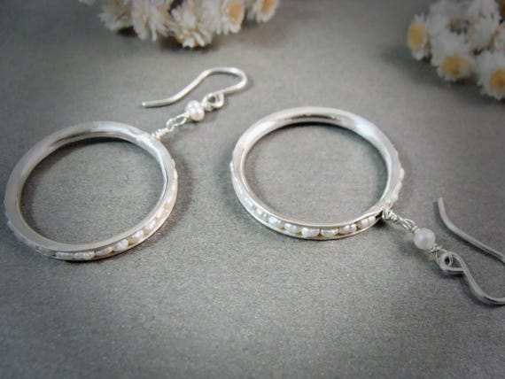 Pearl and Sterling Silver Hoops Dangles - Whit Pearl Earrings, Classic Pearl Dangles, Siren Jewels, June Birthstone, gifts for her