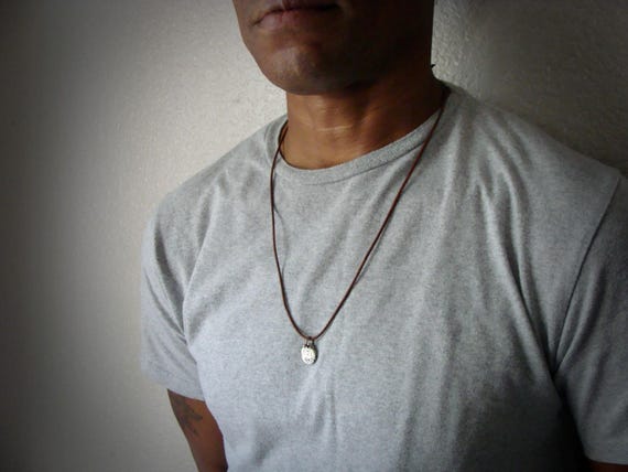 Mens Rustic Unisex Sterling Pendant: Mens mixed metal leather necklace