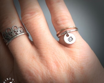 Sterling Silver Zodiac Charm Ring - Handmade Hammered Stacking Band