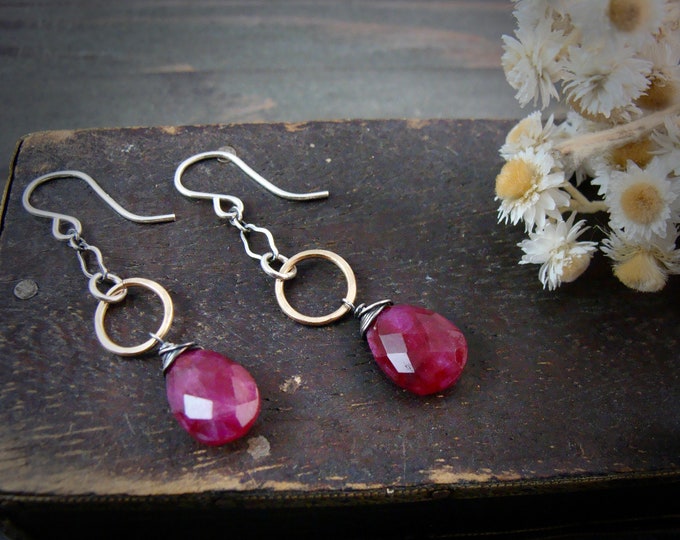 mixed metal ruby dangle earrings, ruby and sterling silver and gold filled earrings, wire wrapped earrings, natural gemstone earrings,