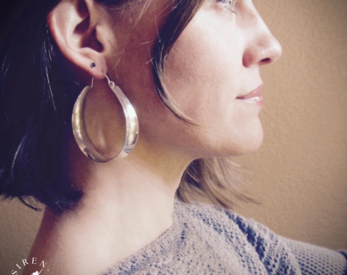 Featured listing image: XL Sterling Silver 2" Hoop Earrings - Hand formed Concave Saddle Statement Hoops, Chunky Wide Lightweight Earrings