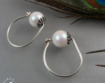 Sterling Silver White Swarovski Pearl Hoop Earrings – Petite Handmade Hoops, Artisan Silversmith Jewelry
