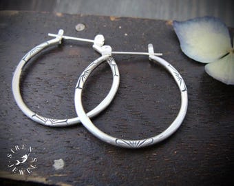 Hand Stamped Sterling Silver Hoop Earrings – Snap Closure, Handmade Artisan Jewelry Gift "Journey Hoops"