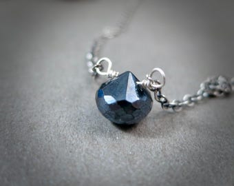 Hematite and Sterling Silver Drop Pendant - Small Faceted Black Gemstone Necklace, jewelry Gift