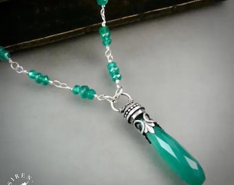 Emerald Green Chalcedony Sterling Silver Pendant - Long Teardrop Beaded Chain Necklace, Jewelry Gift