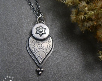 Sterling Silver Boho Lotus Petal Pendant - Henna Inspired Botanical Vine Flower Necklace