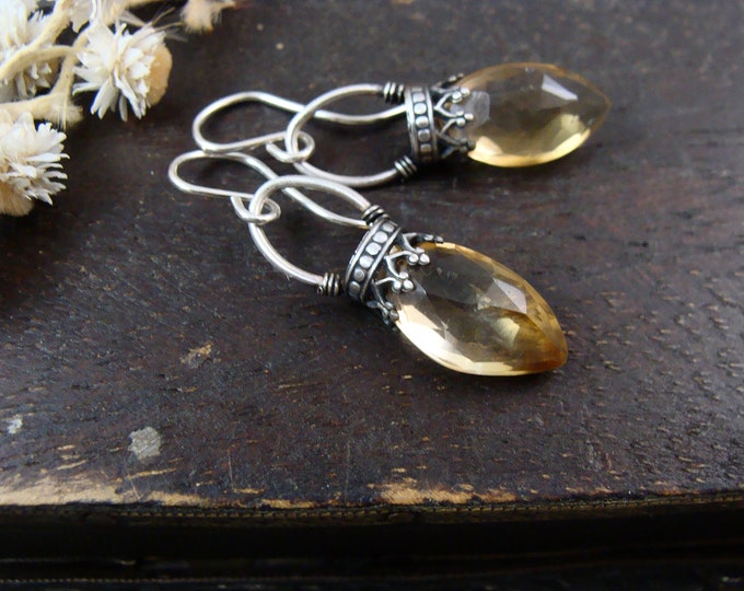 citrine gemstone and sterling silver dangles, citrine earrings, November birthstone jewelry, gifts for her, siren jewels, "lantern dangles"
