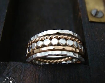 Hammered Sterling Silver & 14k Gold Fill Stacking Ring Set Of Five "The Gathering"