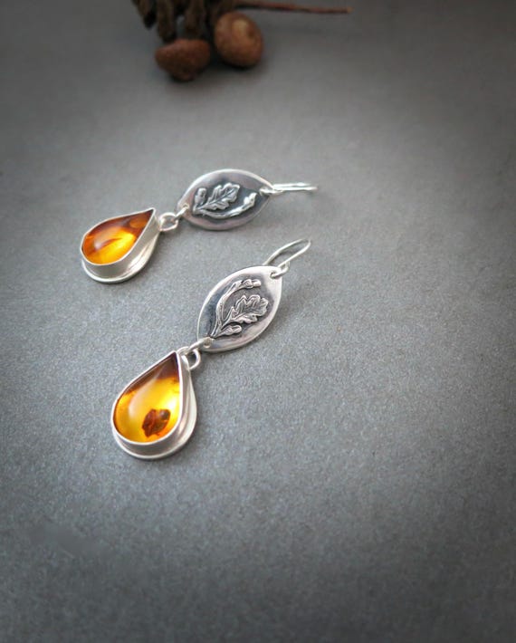 Amber and Sterling Silver Boho Drop Earrings, Artisan Dangles, Amber jewelry