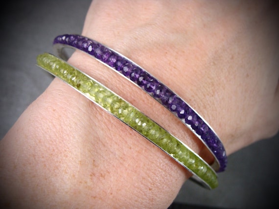 Peridot gemstone stack bangle, August birthstone natural peridot and sterling silver bracelet, Stackable bangle, Gifts for her, Siren jewels