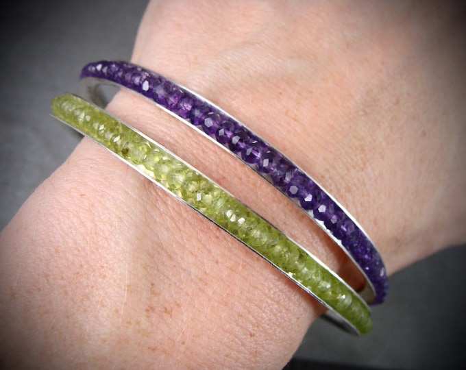 peridot gemstone stack bangle, August birthstone natural peridot and sterling silver bracelet, stackable bangle, gifts for her, siren jewels