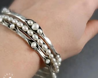 Sterling Silver & Pearl Bangle Set Of Three - Hand Formed Organic Stacking Bracelets For Her