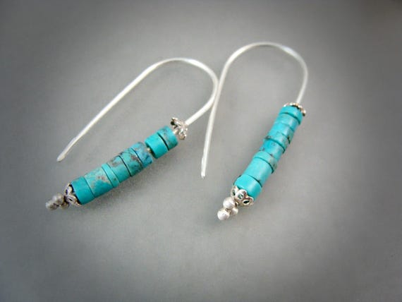 Turquoise and sterling silver Boho earrings, Simple sleek long turquoise earrings, Siren jewels, Gifts for her, Siren jewels
