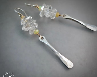 Hammered Sterling Silver Herkimer Diamond Dangle Bar Earrings – Handmade Artisan Jewelry, Jewelry Gift