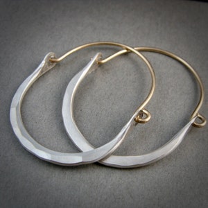 large minimalist sterling and gold filled hoops, mixed metal hammered silver earrings, two tone hoops, siren jewels,  gifts for her