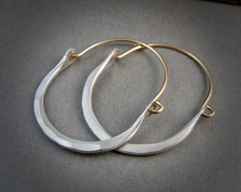 Hammered Sterling Silver Hoop Earrings: Two-Tone Gold Filled Minimalist Jewelry