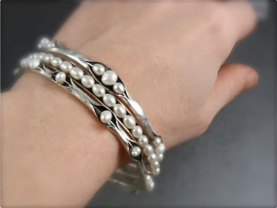 Sterling silver and fresh water pearl bangle set, Set of three pearl bracelets, Organic hand formed pearl bracelets, Unique jewelry