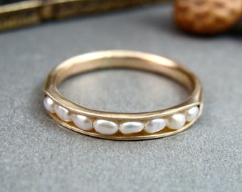 solid 14k gold petite pearl stack ring, pearl ring, pearl band ring, classic pearl ring, stack ring,14k, pearl, siren jewels, gifts for her