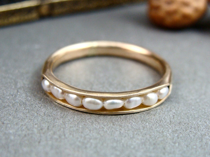 Solid 14k gold petite pearl stack ring, Rice pearl band, Modern pearl jewelry, Handcrafted 14k pearl wedding ring, Gifts for her image 1