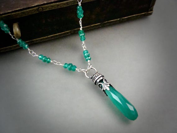 Emerald Green Chalcedony and Sterling Silver Pendant - Long Teardrop Beaded Necklace