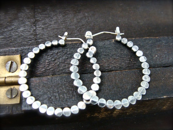Sterling silver bead handmade hoops, Small hoop, 1 inch blackened hoops, Gifts for her, Siren jewelry "Caterpillar hoops"