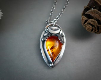 Amber & Sterling Silver Fall Oak Leaf Pendant - Boho Necklace, Unique Gifts For Her