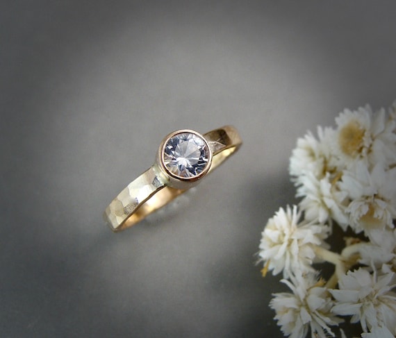 Solid 14k gold white sapphire ring, Diamond alternative engagement ring, Hammered gold 5mm sapphire ring, Siren jewels  "Reflection ring"