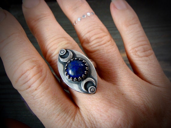 Lapis lazuli moon ring, Celestial witchy jewelry, Unique artisan jewelry, Statement cocktail rings, Gifts for her, Siren jewels