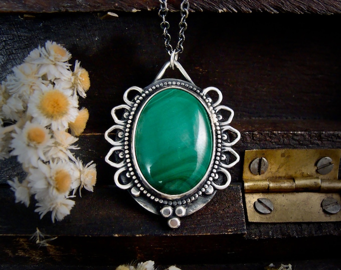 malachite and sterling silver cottagecore pendant, silversmith malachite jewelry, siren jewels, statement pendant, OOAK, "forest nymph"