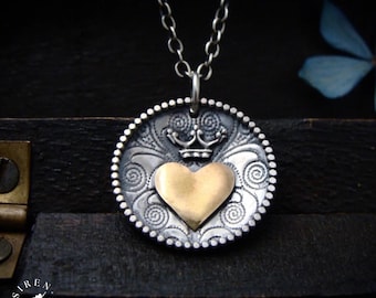 Mixed Metal Heart Crown Pendant – Sterling Silver Gold Disc Jewelry