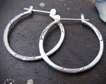 Hand Stamped Sterling Silver Hoop Earrings – Snap Closure, Handmade Artisan Jewelry Gift "Journey Hoops"