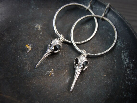 Humming bird skull dangles, Sterling silver 925 bird skull hoops, Dark academia gothic jewelry, Siren jewels, Gifts for women