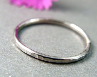 Hammered Solid 14k White Gold Stacking Ring - Delicate 1mm Band