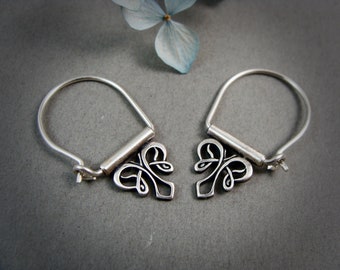 Art Nouveau Silver Hoop Earrings, Sterling Silver Bow Dangle Hoops, Vintage Style Boho Jewelry