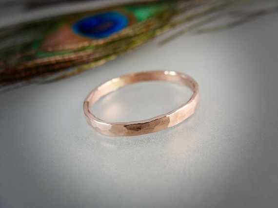 Solid 14k rose gold stack ring, 14k rose gold Wedding band, 2mm hammered gold band, Simple gold ring, Siren jewels, "Glimmer ring"