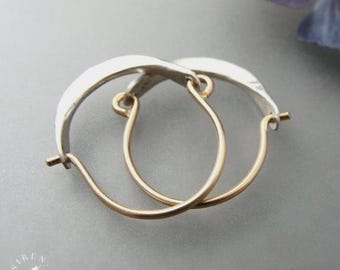 Handmade Mixed Metal Hoop Earrings, Sterling Silver Hammered Crescent, 14k Gold Filled Hoops