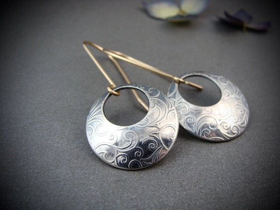 Mixed metal sterling silver disc earrings, Sterling silver and gold filled vine pattern earrings, Siren jewels, Siren jewelry, Gifts for her