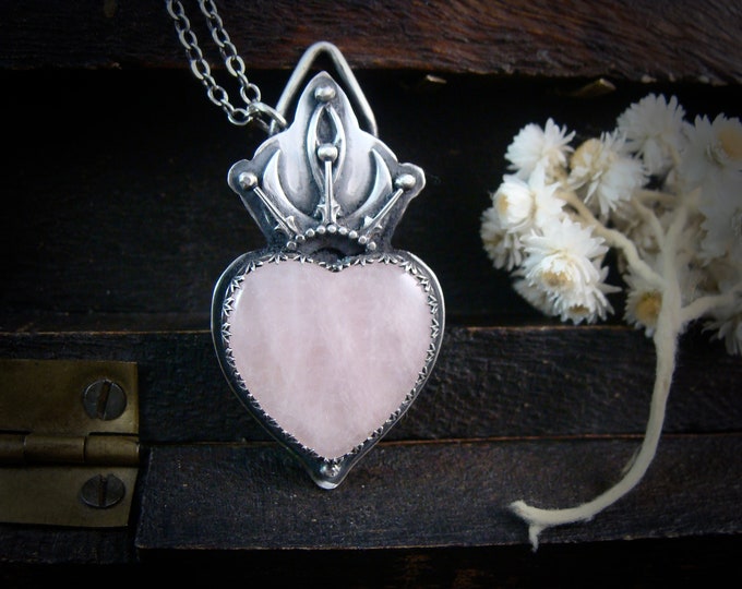 queen of hearts … rose quartz  and sterling silver, silversmith pendant, mixed metal pendant, gothic jewelry, heart pendant, OOAK, gifts