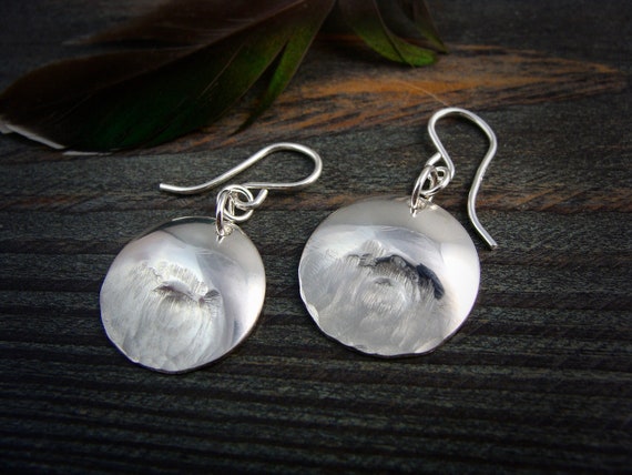 Large textured sterling silver disc earrings, Simple unique hammered dangles, Siren jewels, Gifts for her, "Aphrodite earrings"