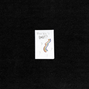 May include: A white card with the text "How big is BABY?" written in black marker. A rainbow is drawn on the card with question marks around it.
