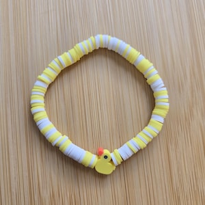 Duck Charm Bracelet | White Yellow Clay Bead Bracelet | Handmade Summer Beach Jewelry | Stackable Bracelet | Gift for Her