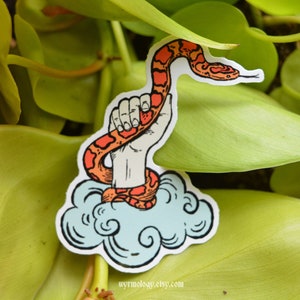 May include: A sticker depicting a hand grasping a red and orange snake, set on a blue cloud. The sticker has a white border and the text "wyrmology.etsy.com". The background is composed of green leaves.