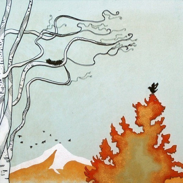 Birch Tree Nest-Print of Original Mixed Media Window Painting Autumn Colors