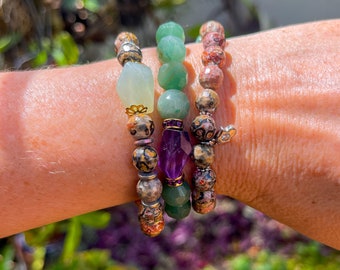 3 Stackable Talisman Stone Handmade Bracelets Size:  6.2 in/ 15.6 cm - Ocean Jasper, Green Aventurine, Green Onyx, Amethyst, and Hematite