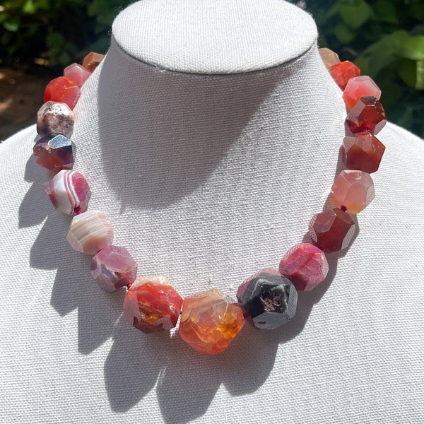 Pink Striped Agate Faceted Hand Knotted 19.5" Choker Statement Necklace with Sterling Silver Clasp