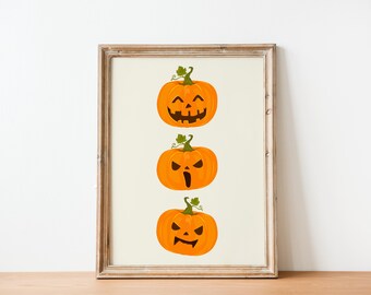 Pumpkin Faces Halloween Art Print, Jack O Lantern Decor (Digital Download)