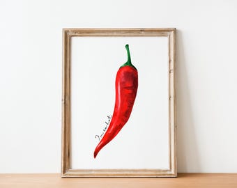 May include: A framed watercolor painting of a red chili pepper with a green stem. The text "I'm so hot" is written on the image.