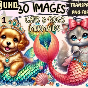 Cats & Dogs Mermaids Clipart - 30 PNG Whimsical Pet Mermaid Illustrations, Cute Ocean Art, Instant Digital Download,Unlimited Commercial Use