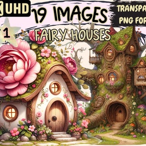 Fairy Houses Clipart - 19 PNG Enchanting House Graphics, Whimsical Printables, Instant Digital Download, Unlimited Commercial Use for Crafts